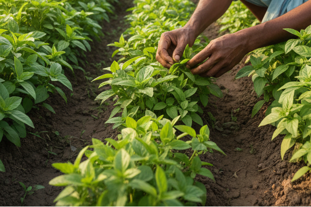 indian farmer hand-picking basil leaves in small farm 